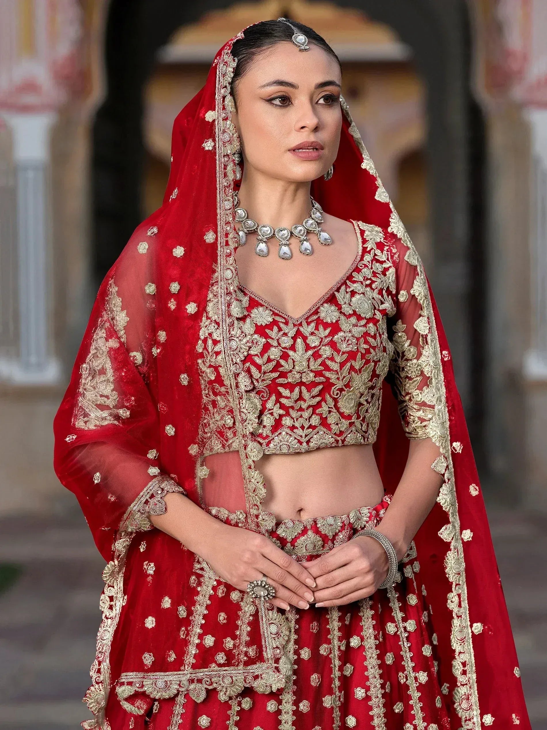 Red and gold embroidered lehenga choli with dupatta, traditional Indian bridal wear