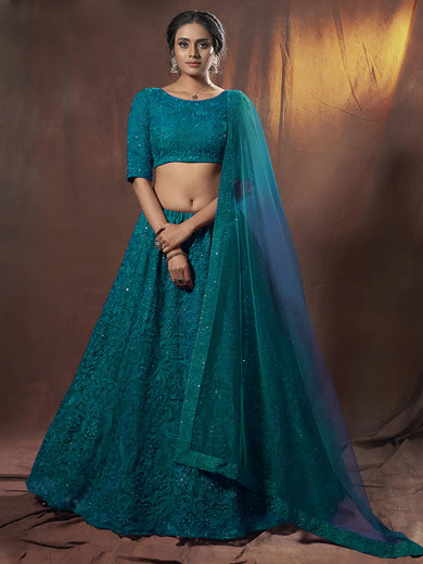 Spectacular Teal Green Sequins Net Party Wear Lehenga Choli With Dupatta