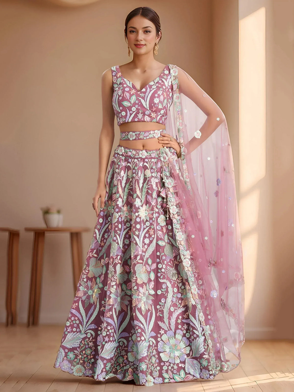 Pink floral embroidered lehenga choli with sheer dupatta, perfect for Indian weddings and festive occasions.