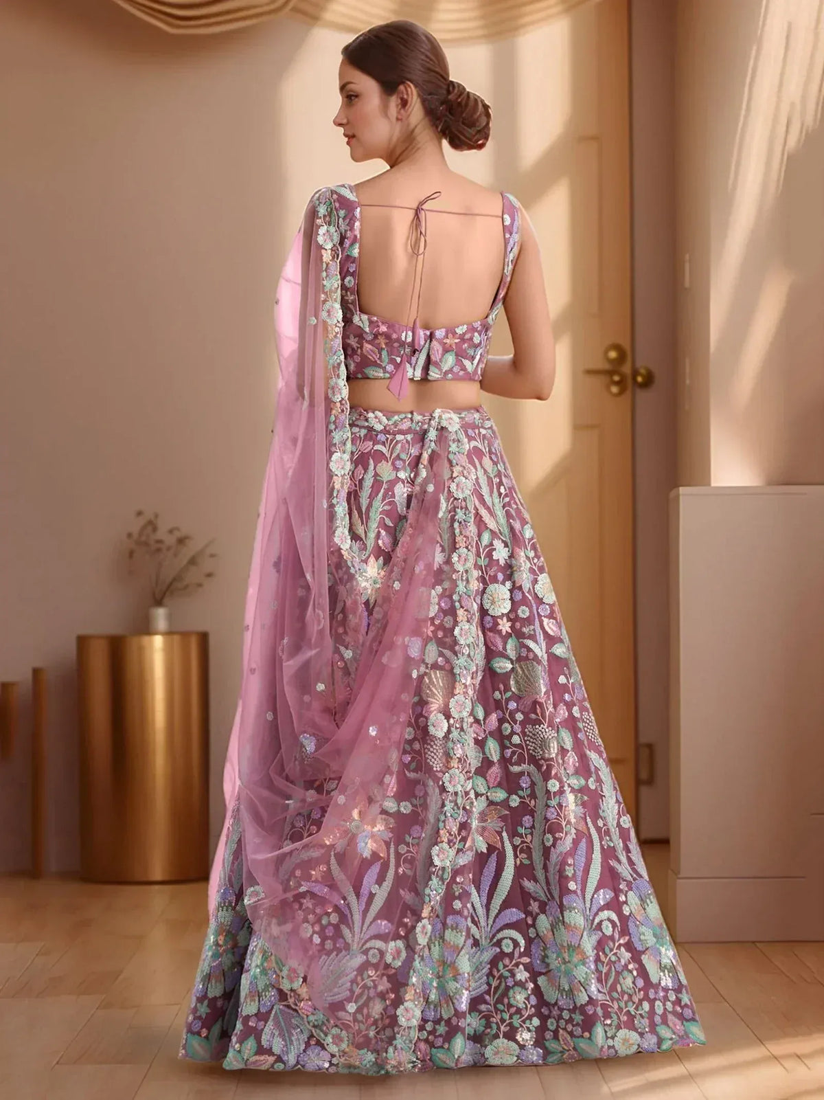 Elegant purple lehenga choli with floral embroidery and sheer dupatta, perfect for Indian ethnic occasions