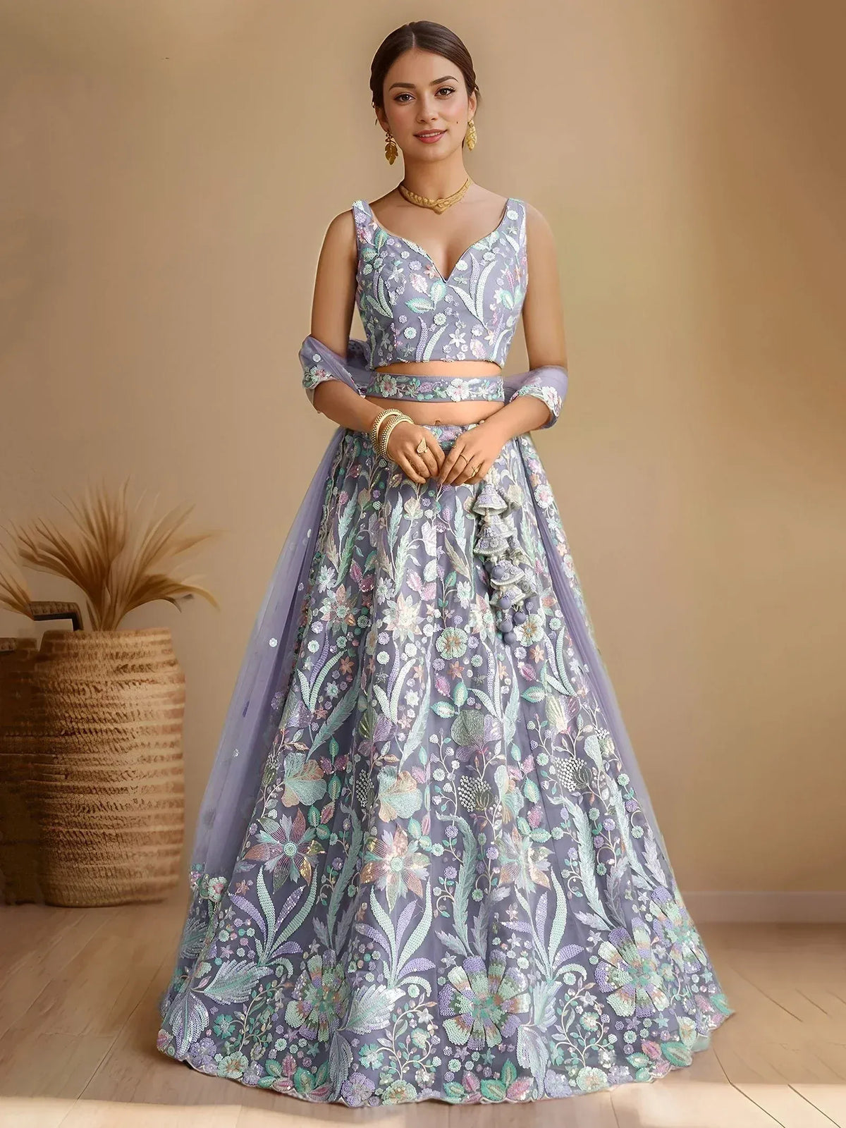 Lavender floral embroidered lehenga choli with V-neck blouse and dupatta, perfect for Indian weddings and festive occasions.