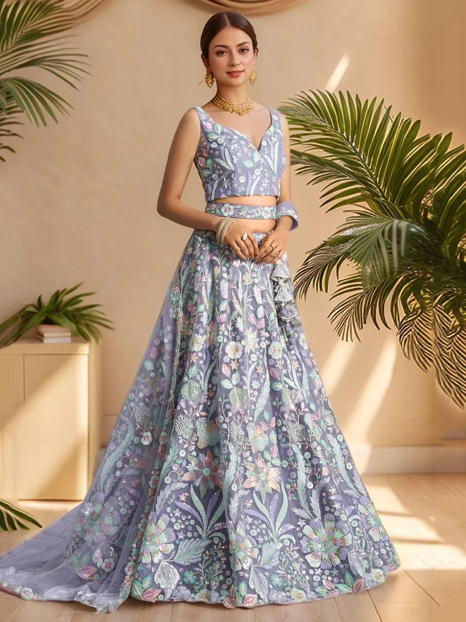 Elegant lavender lehenga choli with floral embroidery, perfect for Indian weddings and festive occasions.