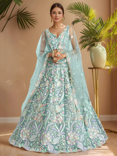 Dazzling Sky-Blue Sequins Net Engagement Wear Lehenga Choli