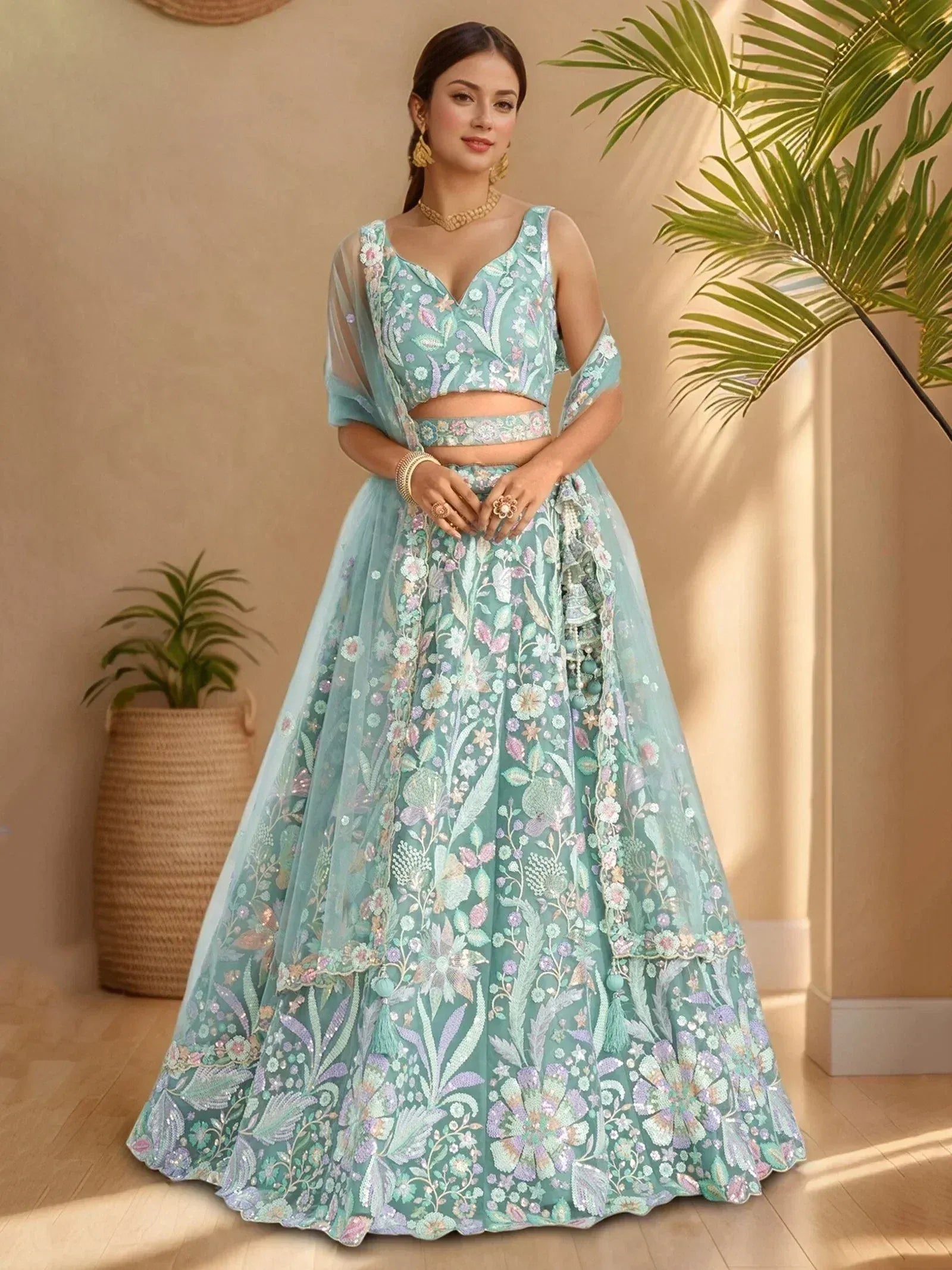 Mint green floral embroidered lehenga choli with sheer dupatta, perfect for Indian weddings and festive occasions.