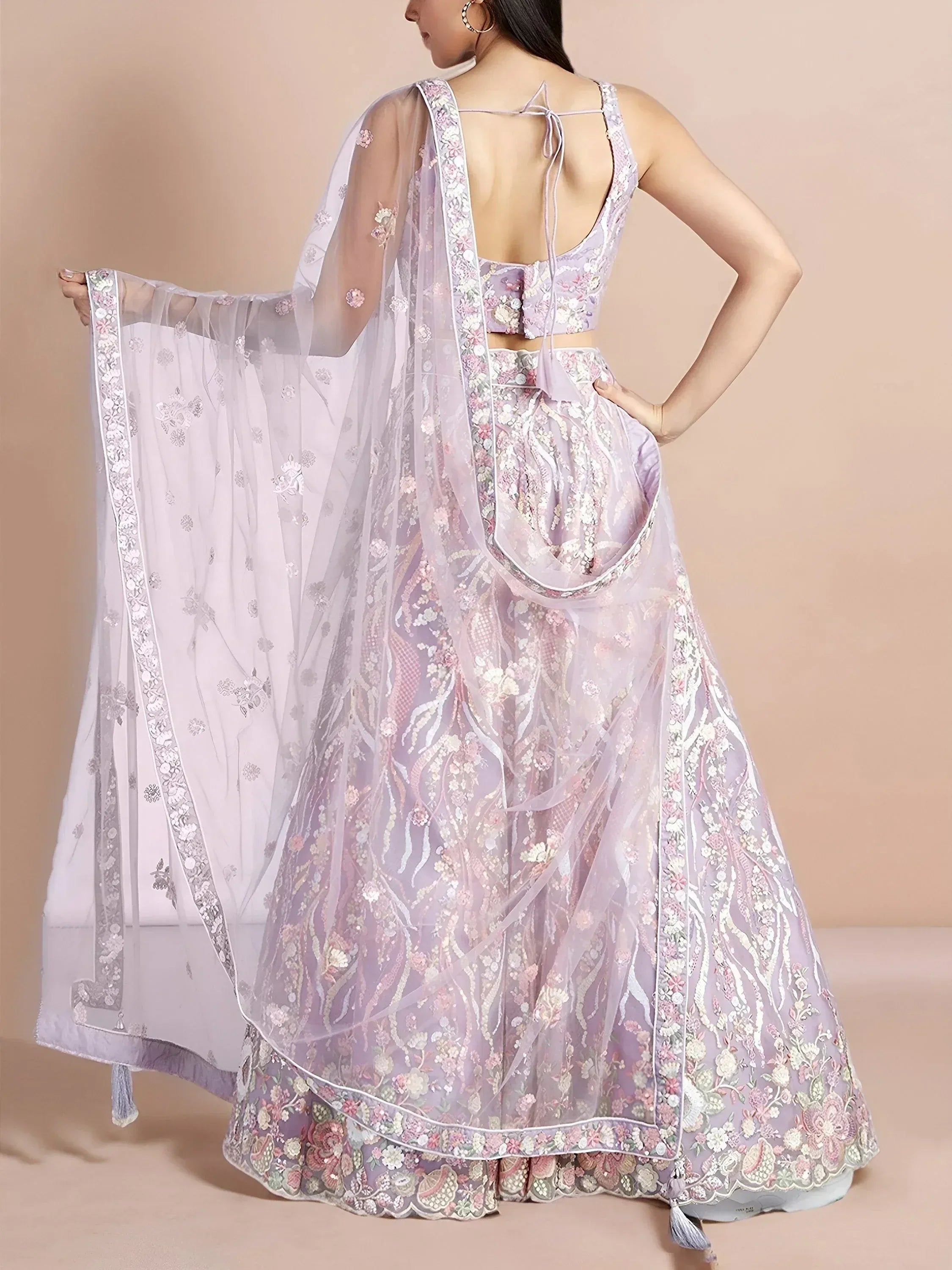 Lavender floral embroidered lehenga choli with sheer dupatta, back view