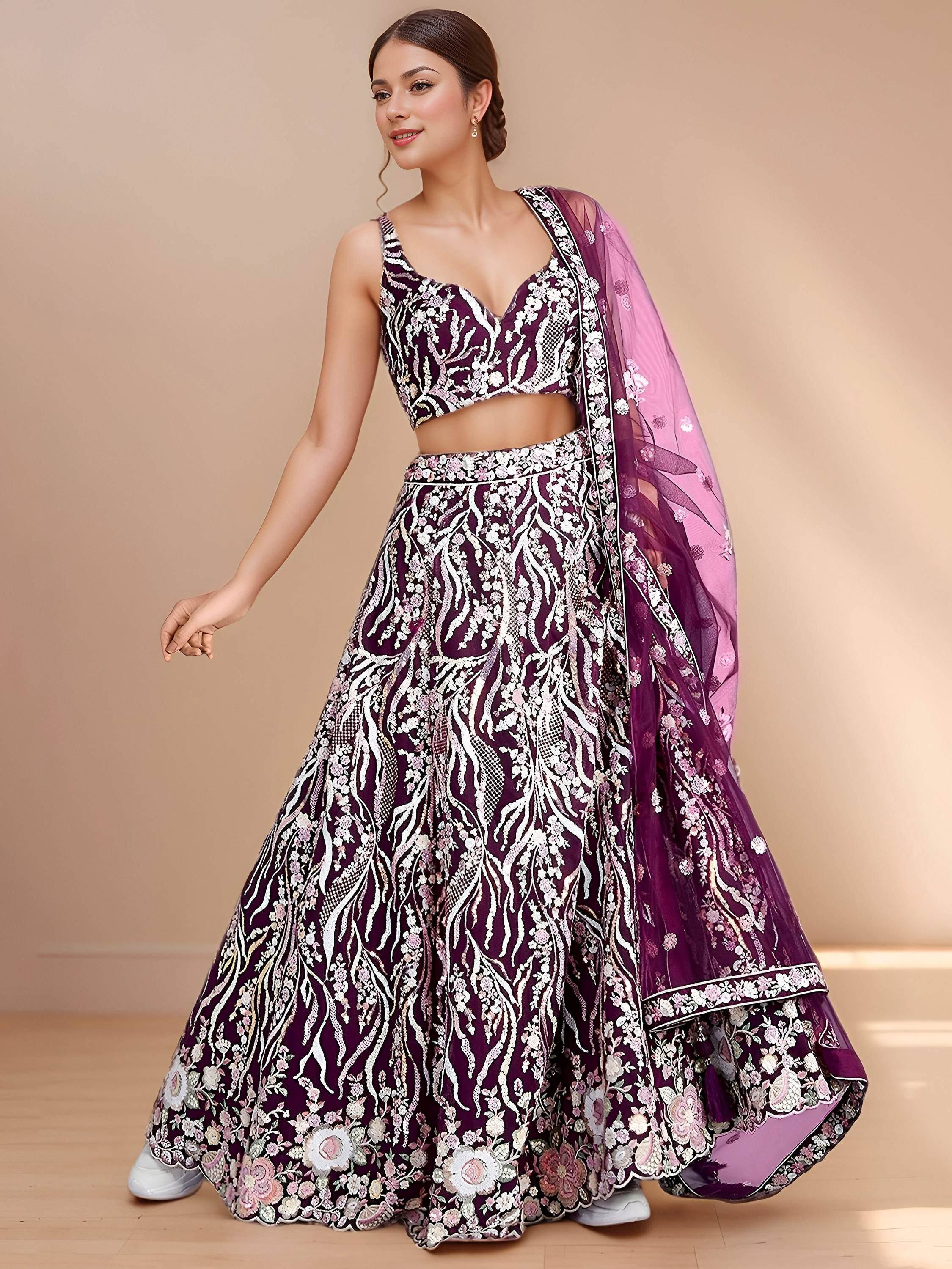 Purple floral embroidered lehenga choli with matching dupatta, Indian ethnic wear for women