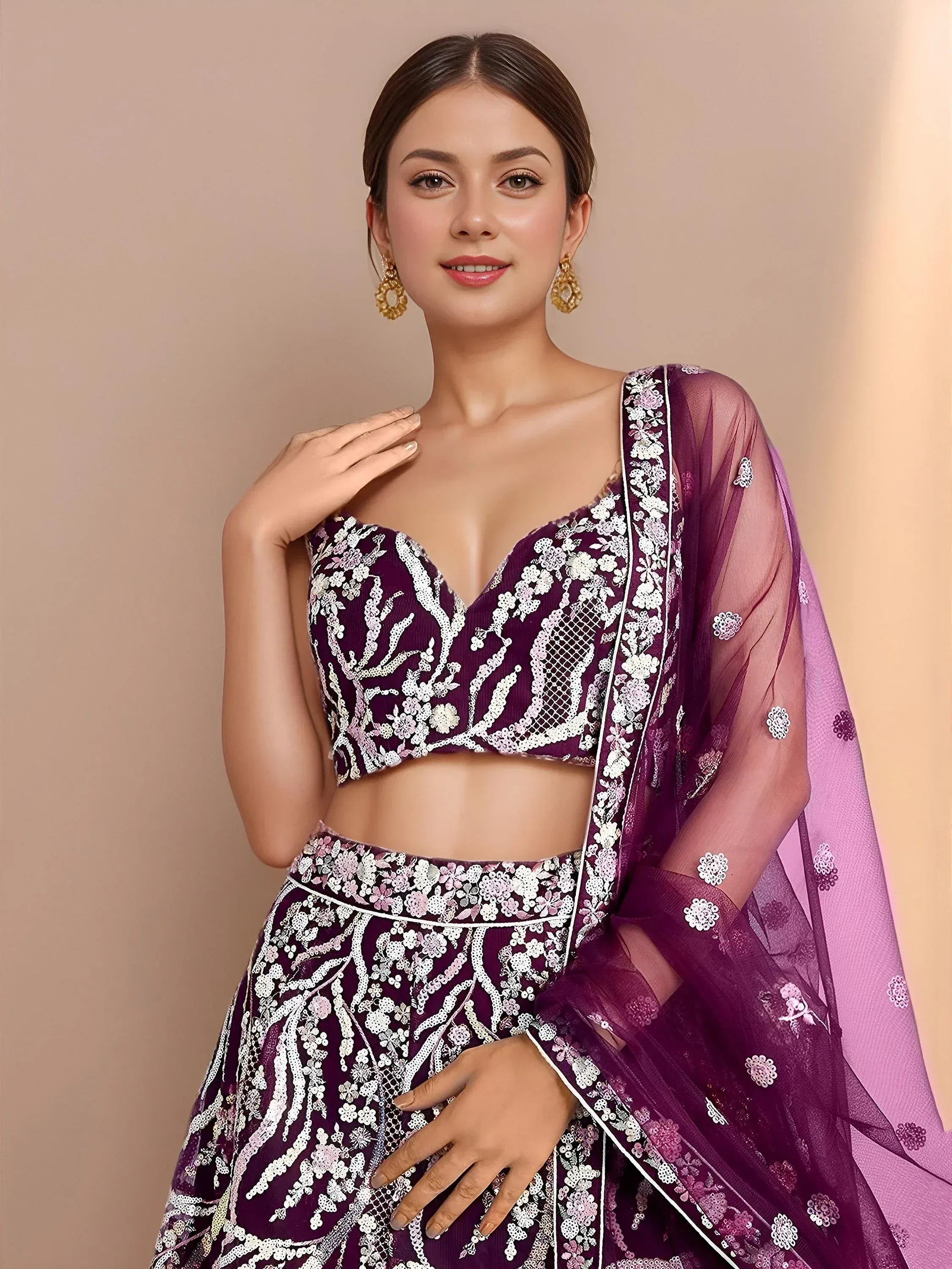 Purple floral embroidered lehenga choli with sheer dupatta, Indian ethnic wear for women