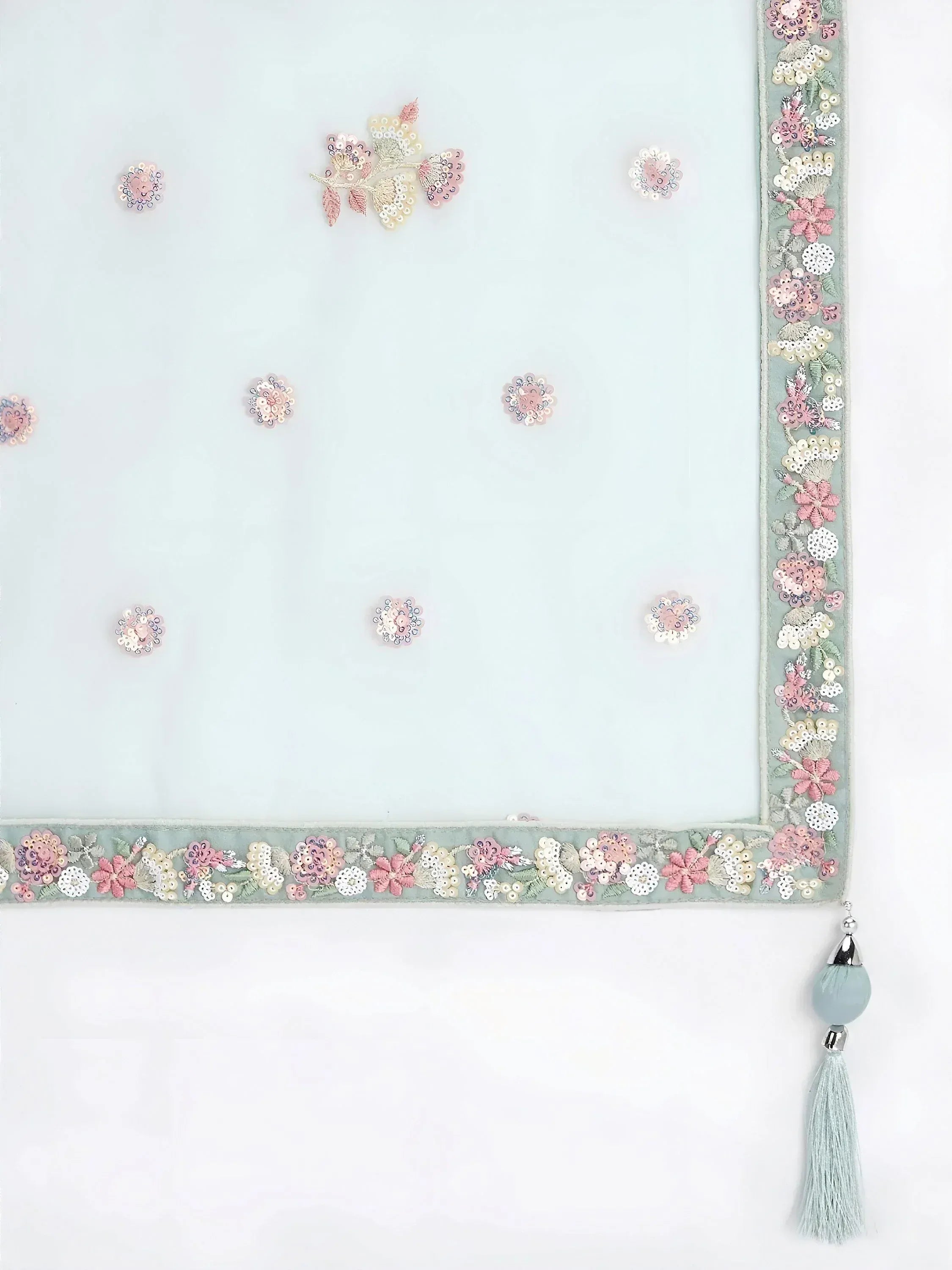 Mint green dupatta with floral sequin embroidery and tassel border for ethnic wear