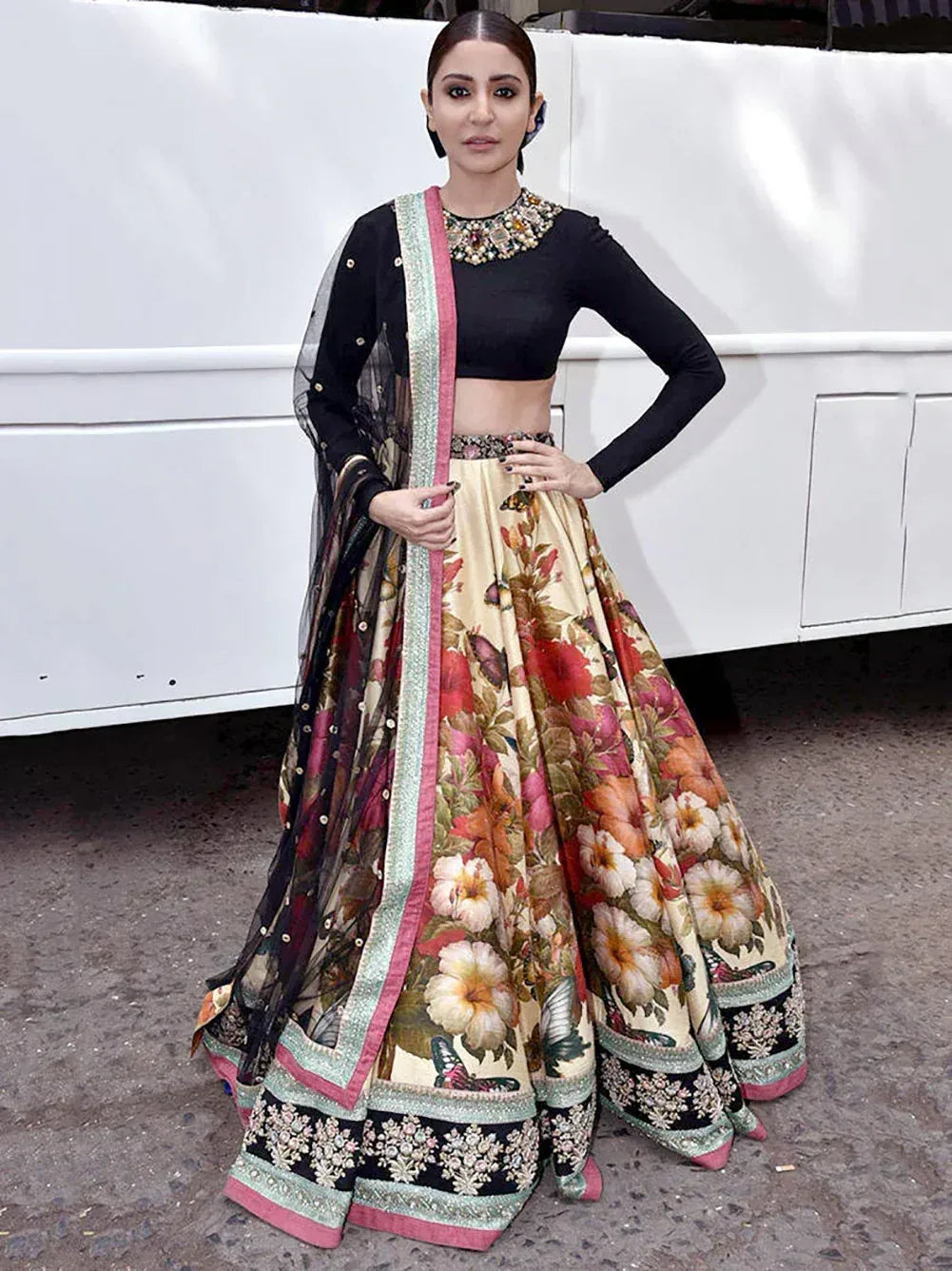 Floral print lehenga choli with black blouse and dupatta, ethnic Indian wear for women