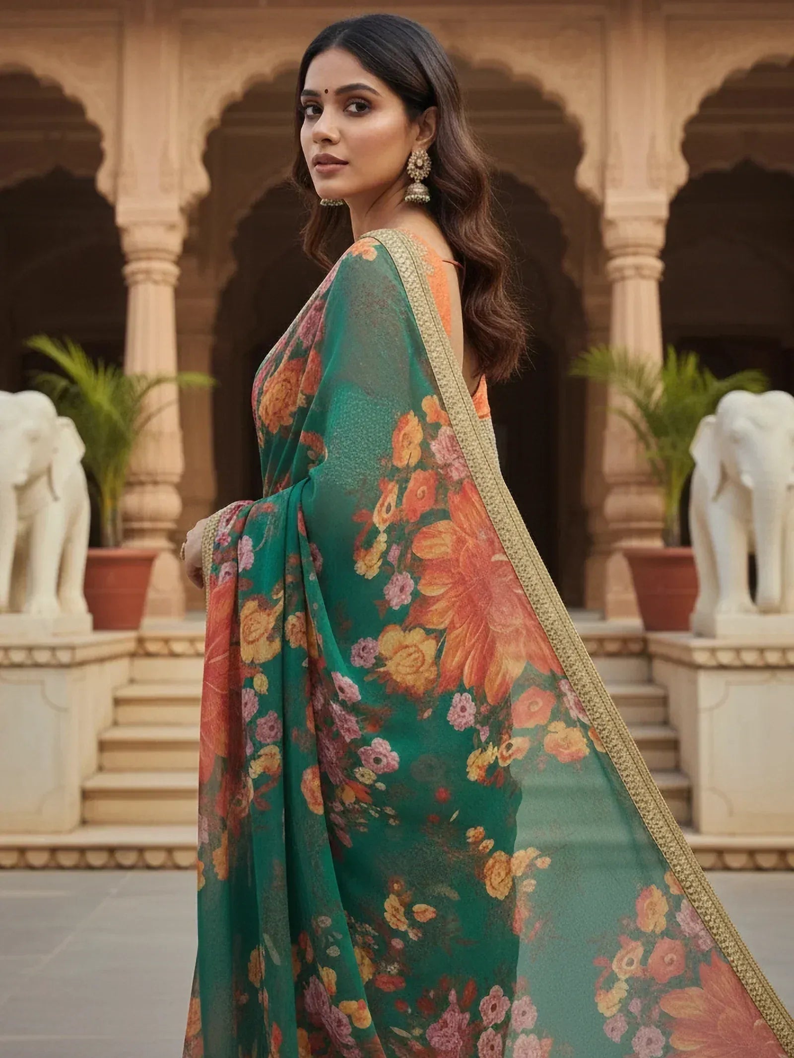Green floral saree with gold border, Indian ethnic wear for women, styled with traditional jewelry