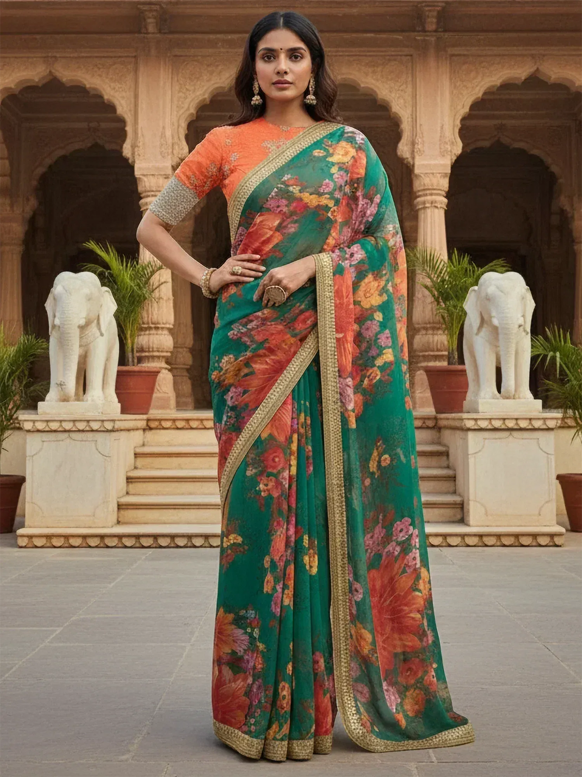 Woman in vibrant green floral saree with orange blouse, gold border, traditional Indian ethnic wear