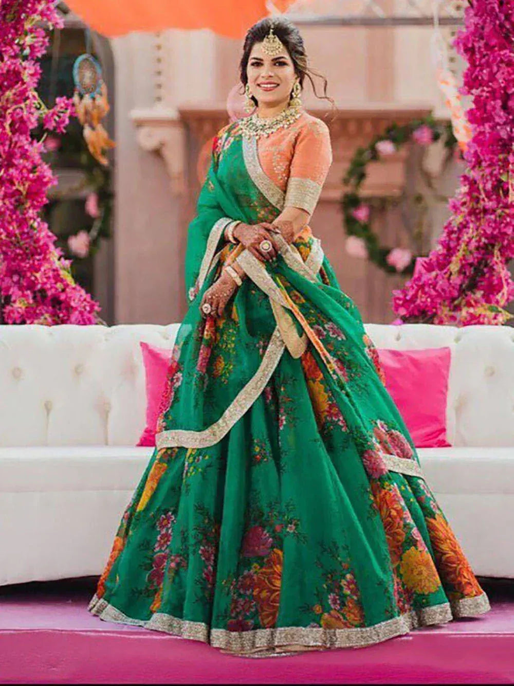 Green floral lehenga choli with gold embroidery, perfect for Indian weddings and festive occasions