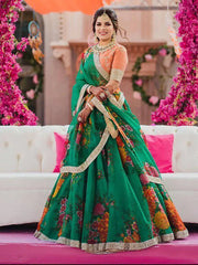 Sabyasachi Green-Orange Floral Digital Printed Organza Bridal Lehenga Choli