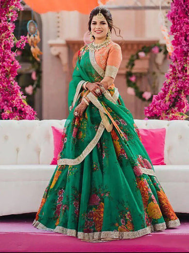 Sabyasachi Green-Orange Floral Digital Printed Organza Bridal Lehenga Choli