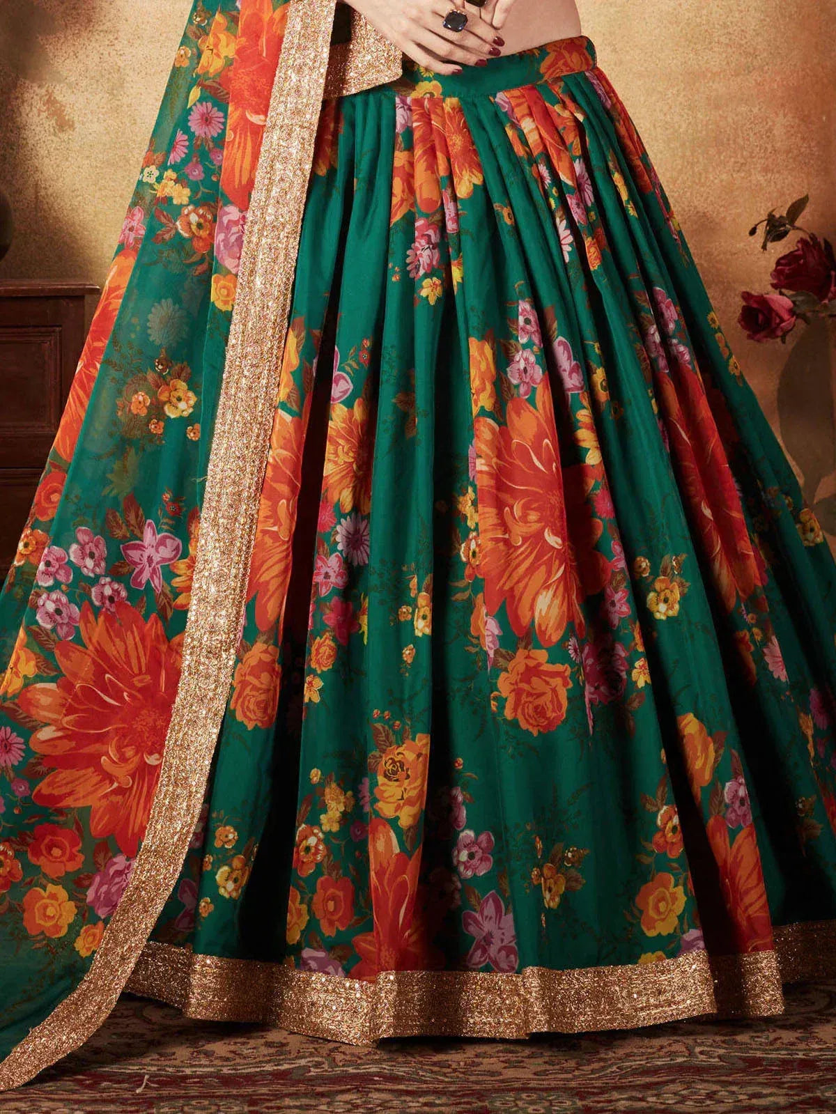 Green floral lehenga choli with gold trim, Indian ethnic wear for weddings and festivals