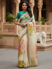 Beautiful Off White Floral Printed Organza Festival Wear Saree With Blouse