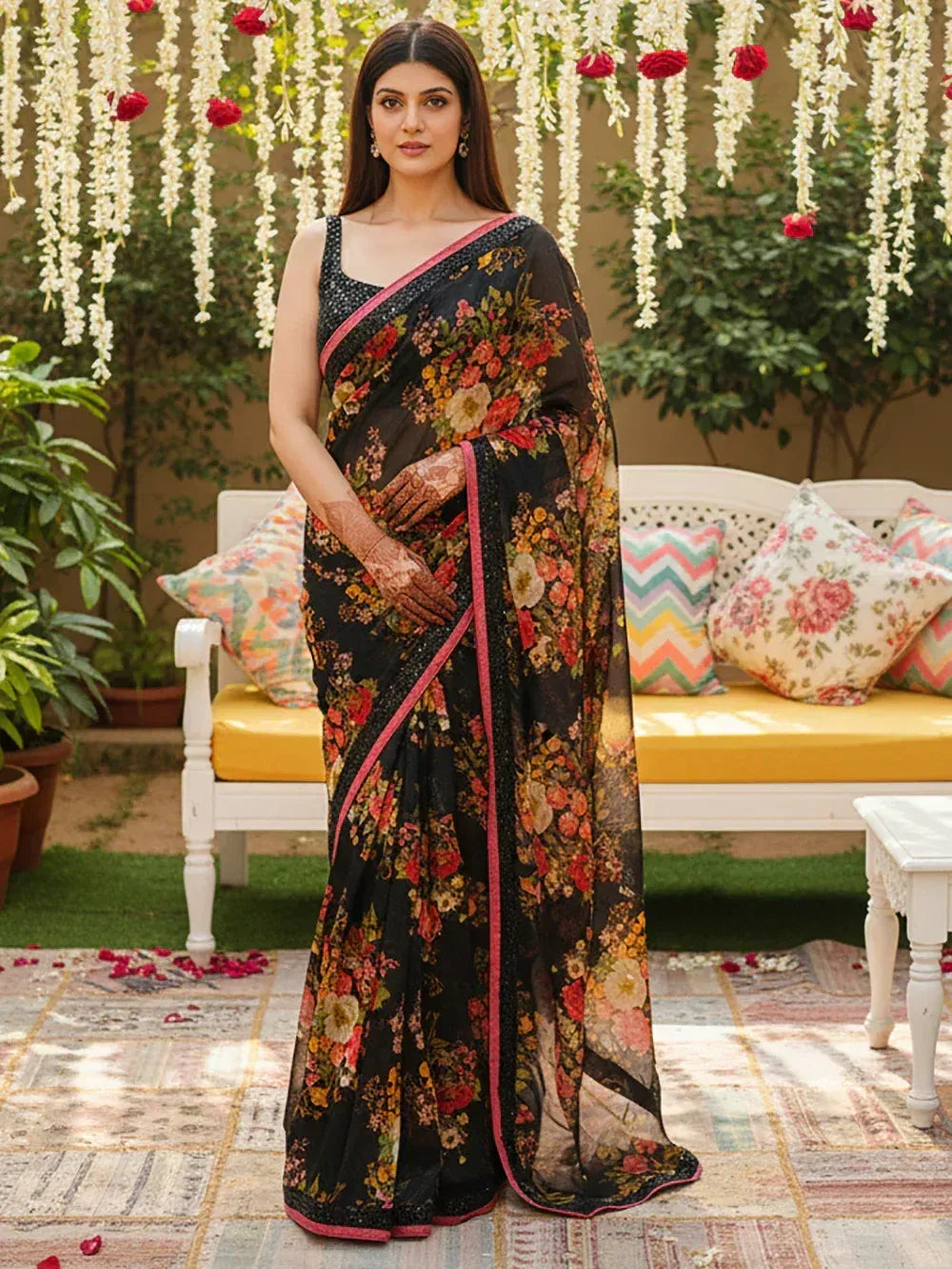 Black floral saree with pink border, styled for Indian ethnic wear, perfect for weddings and festive occasions