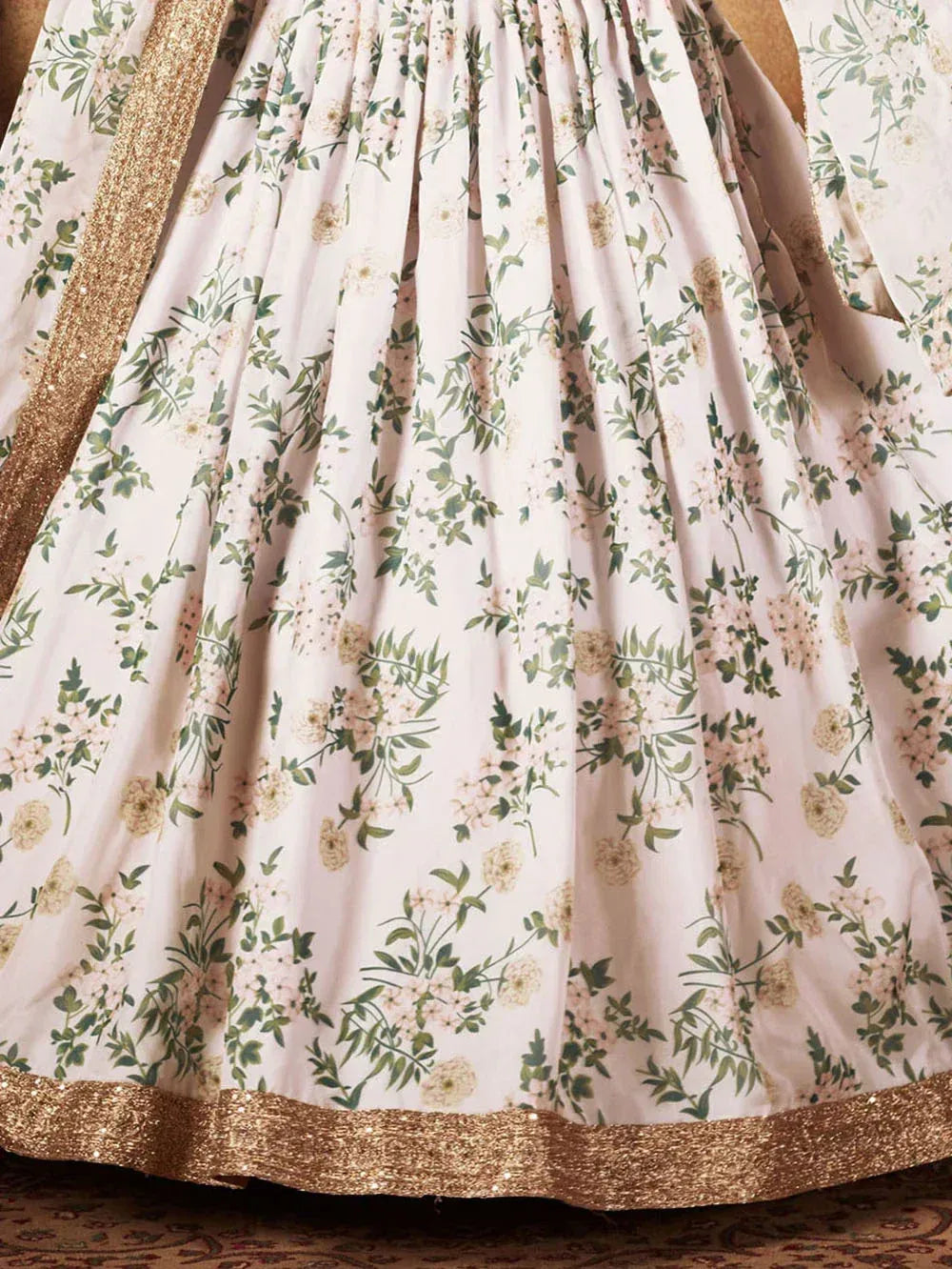 Floral print lehenga with gold sequin border, ethnic wear for women