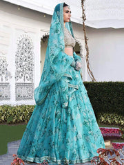 Sabyasachi Sky Blue Floral Organza Bridal Lehenga Choli