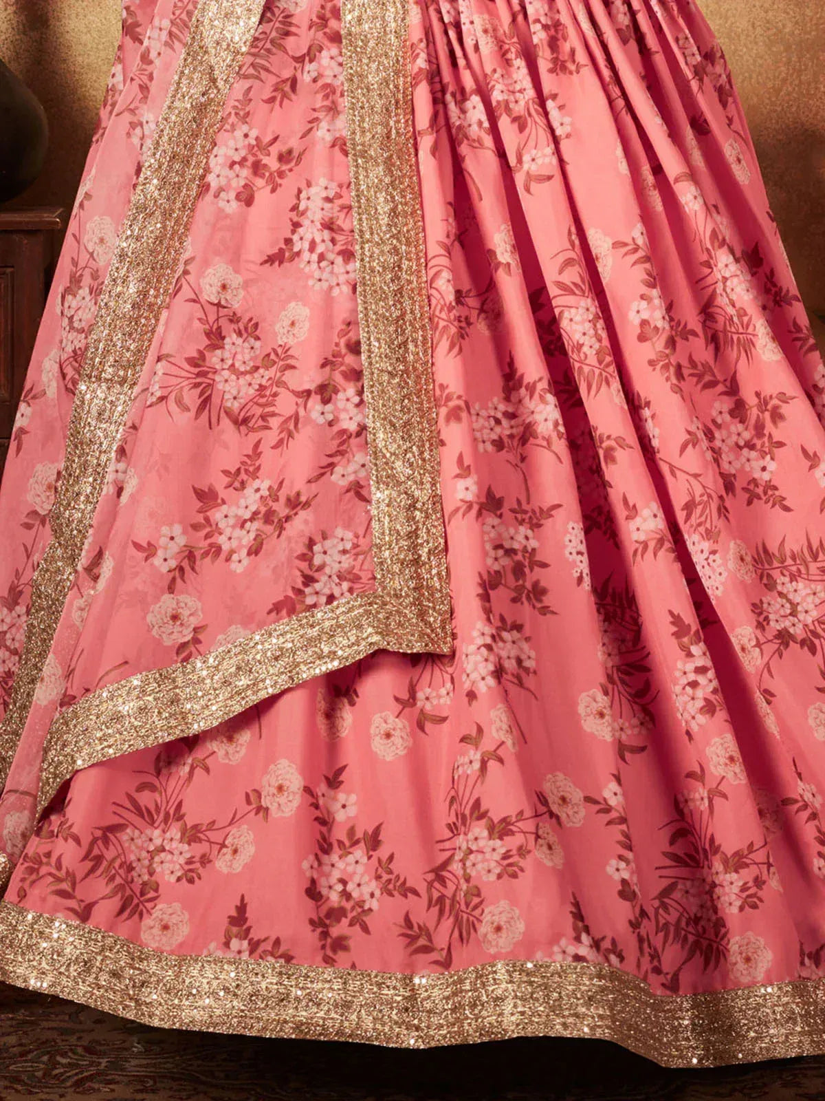 Pink floral lehenga with gold sequin border, Indian ethnic wear for women