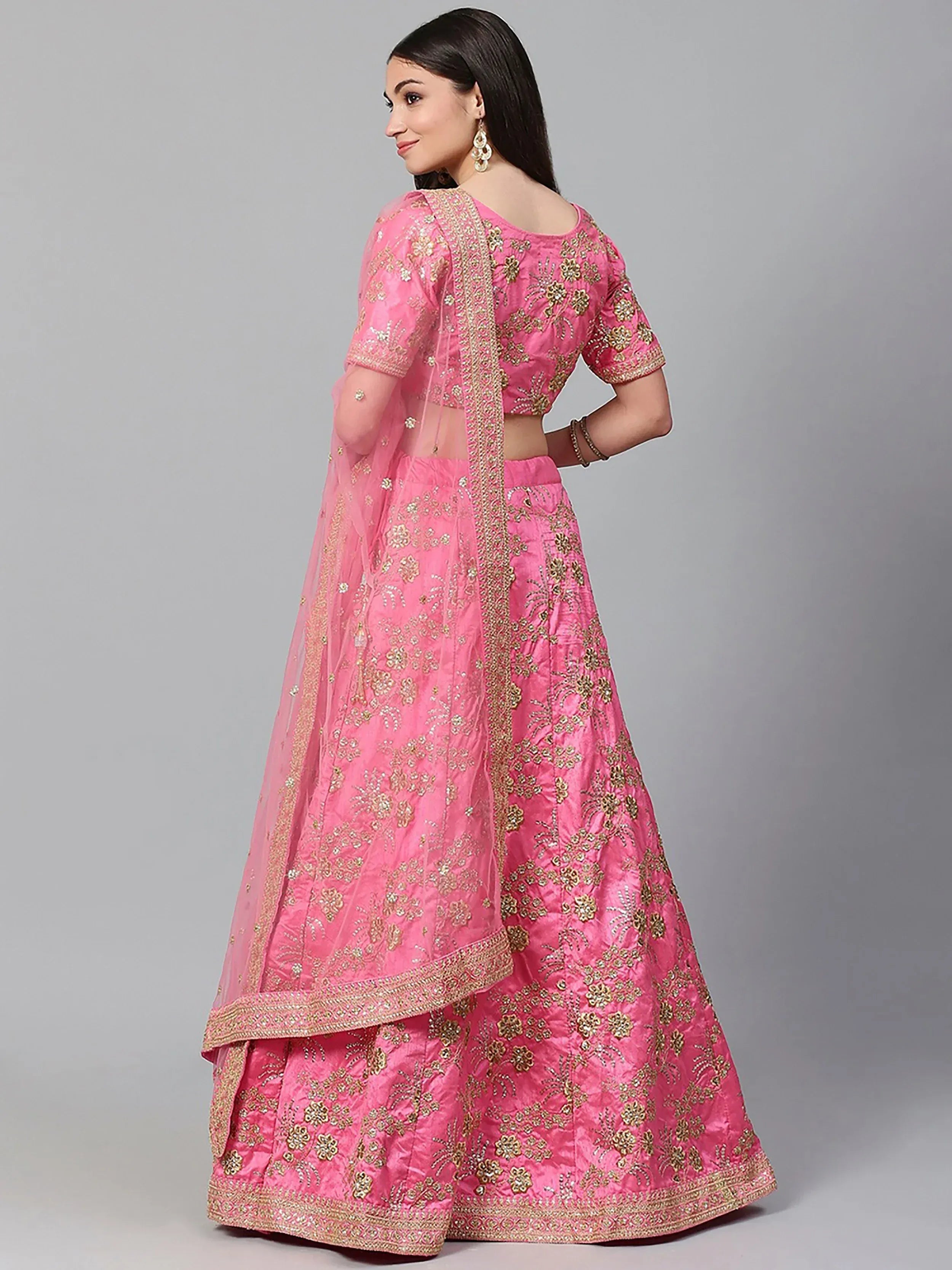 Sparkling Pink Embroidered Silk Wedding Wear Plus Size Lehenga Choli
