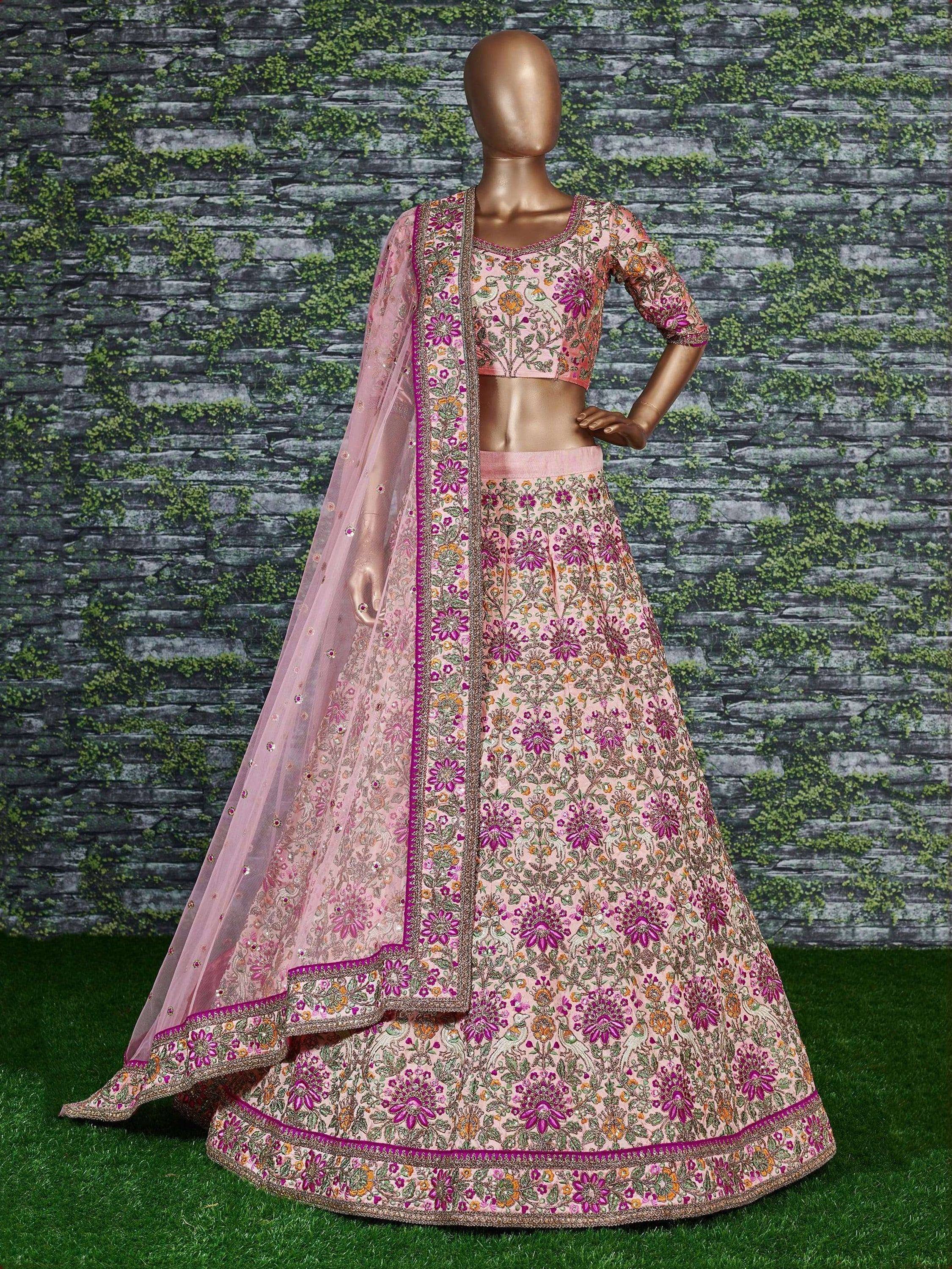 Pink floral embroidered lehenga choli with dupatta, Indian ethnic wear for weddings and parties