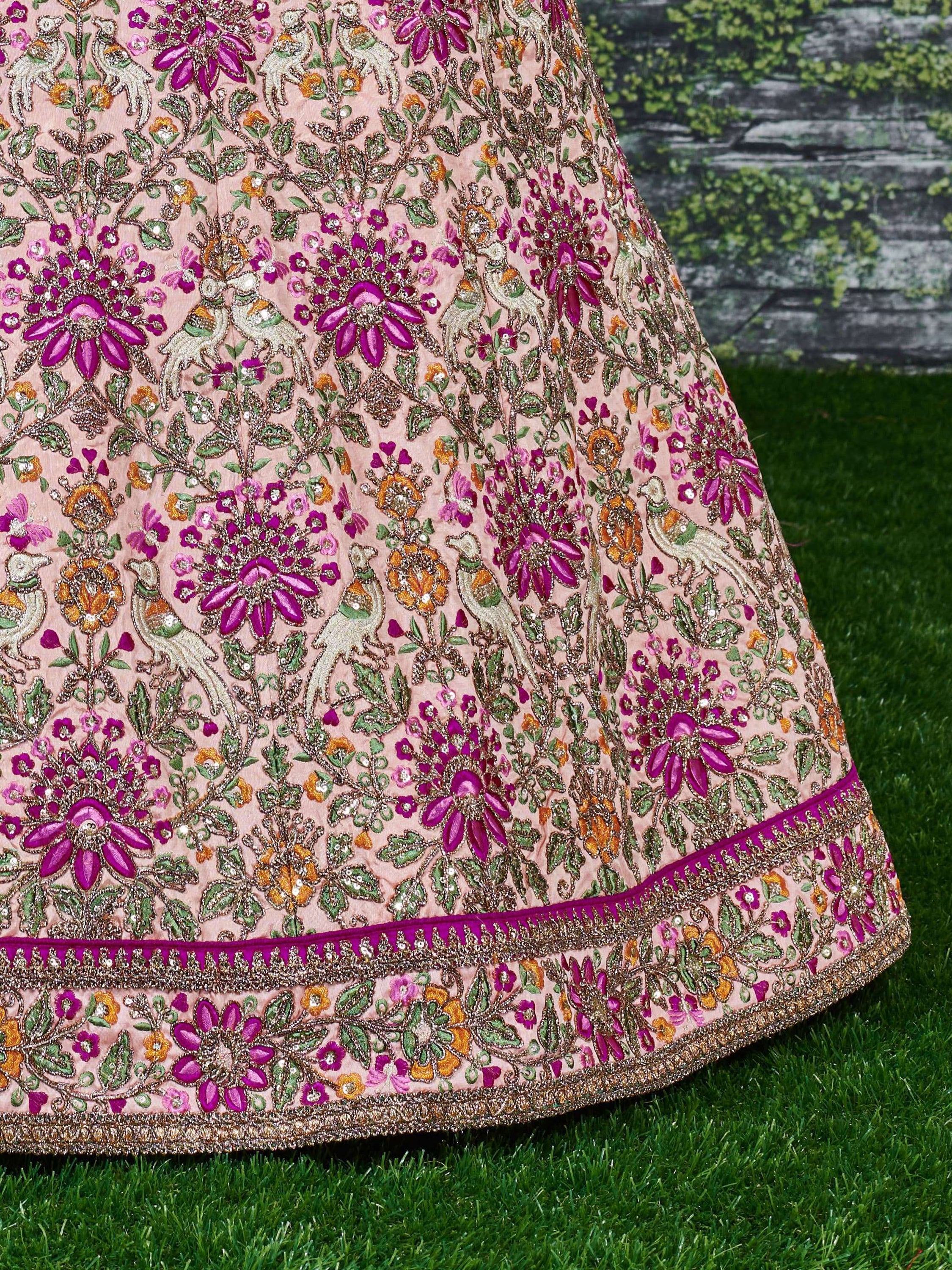 Anushka Sharma Peach Embroidered Taffeta Silk Bridal Wear Lehenga Choli