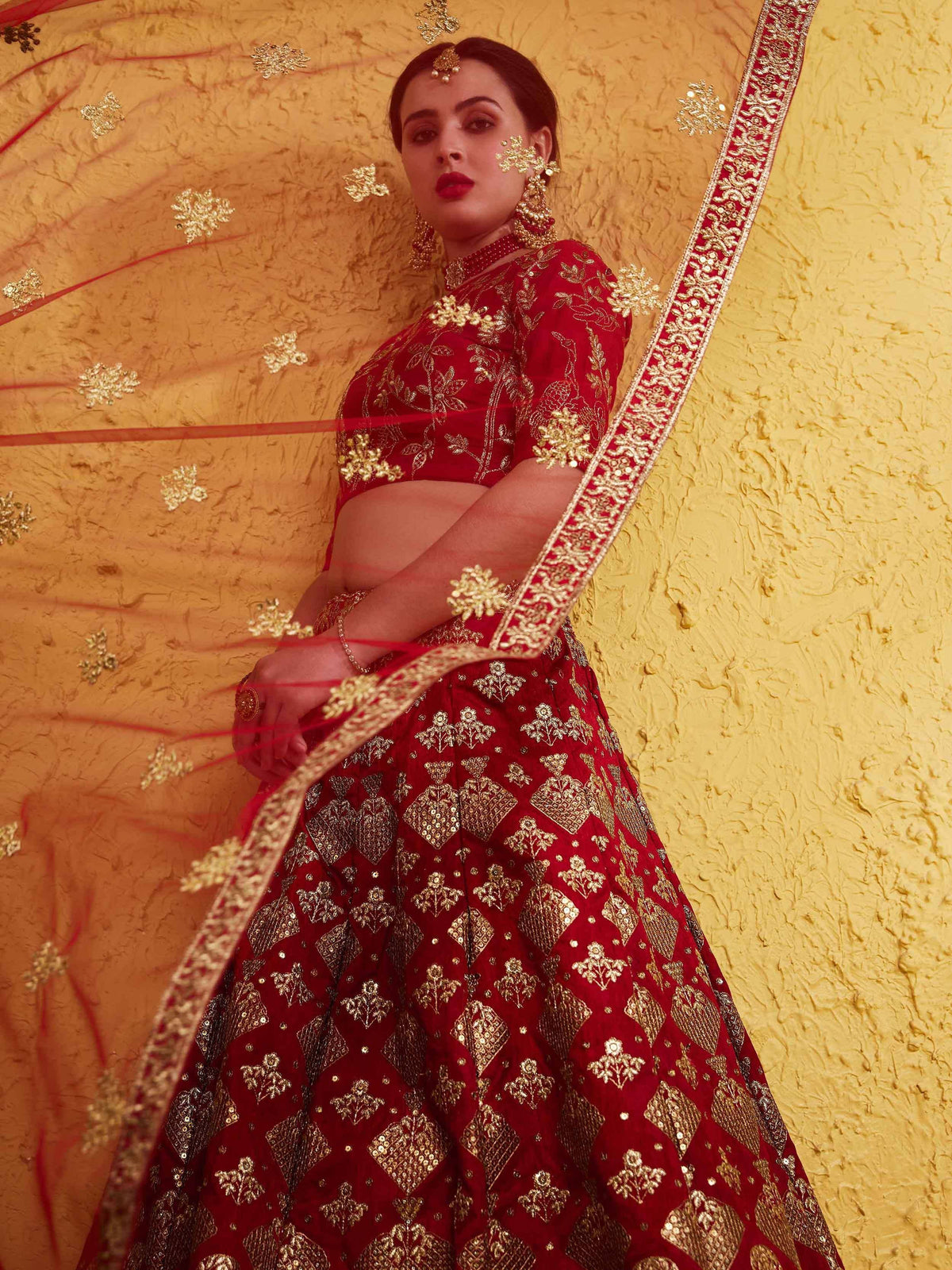 Red and gold embroidered lehenga choli with intricate floral designs, perfect for Indian ethnic wear.