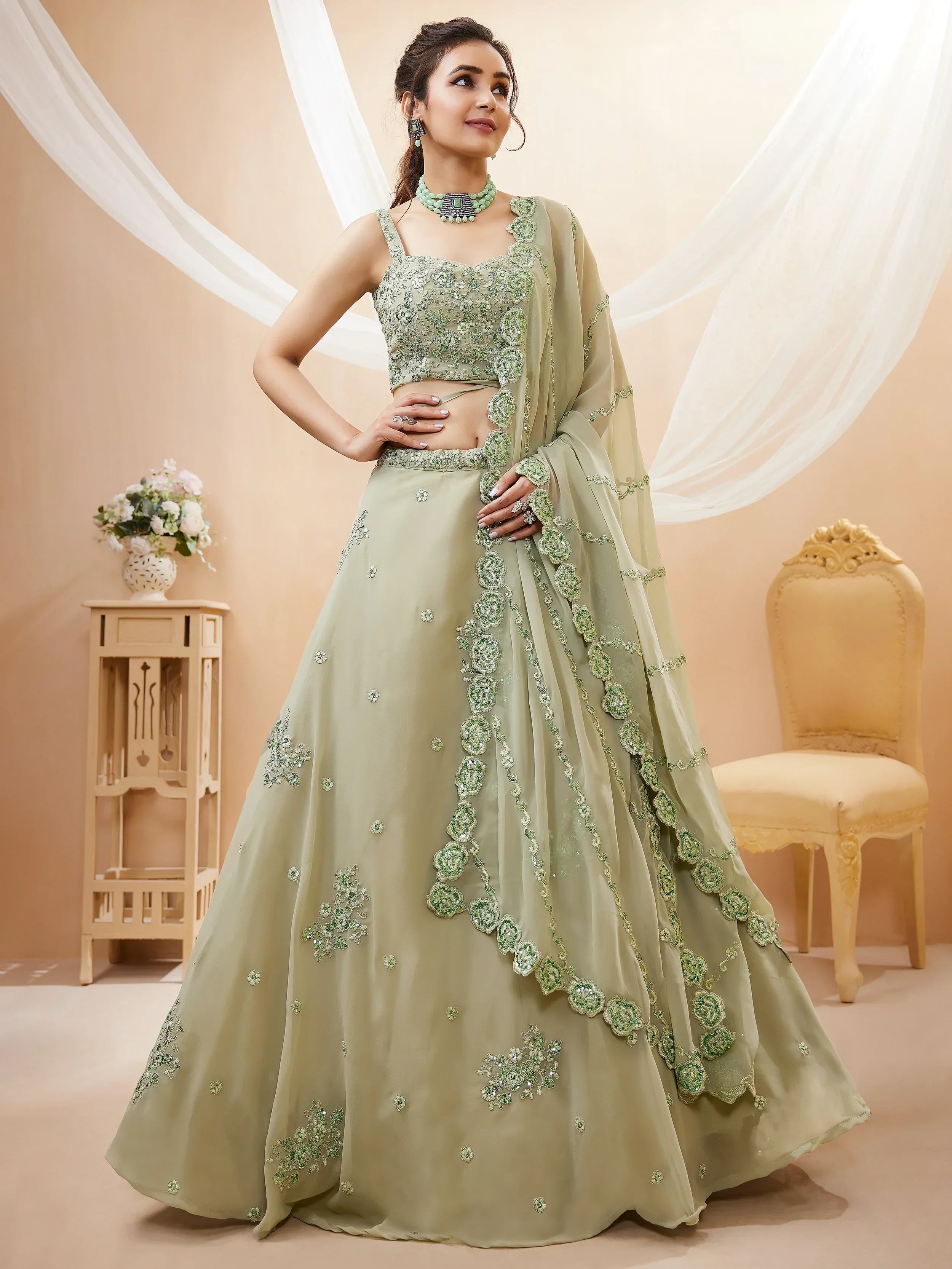 Pretty Pista Green Sequins Georgette Engagement Wear Lehenga Choli