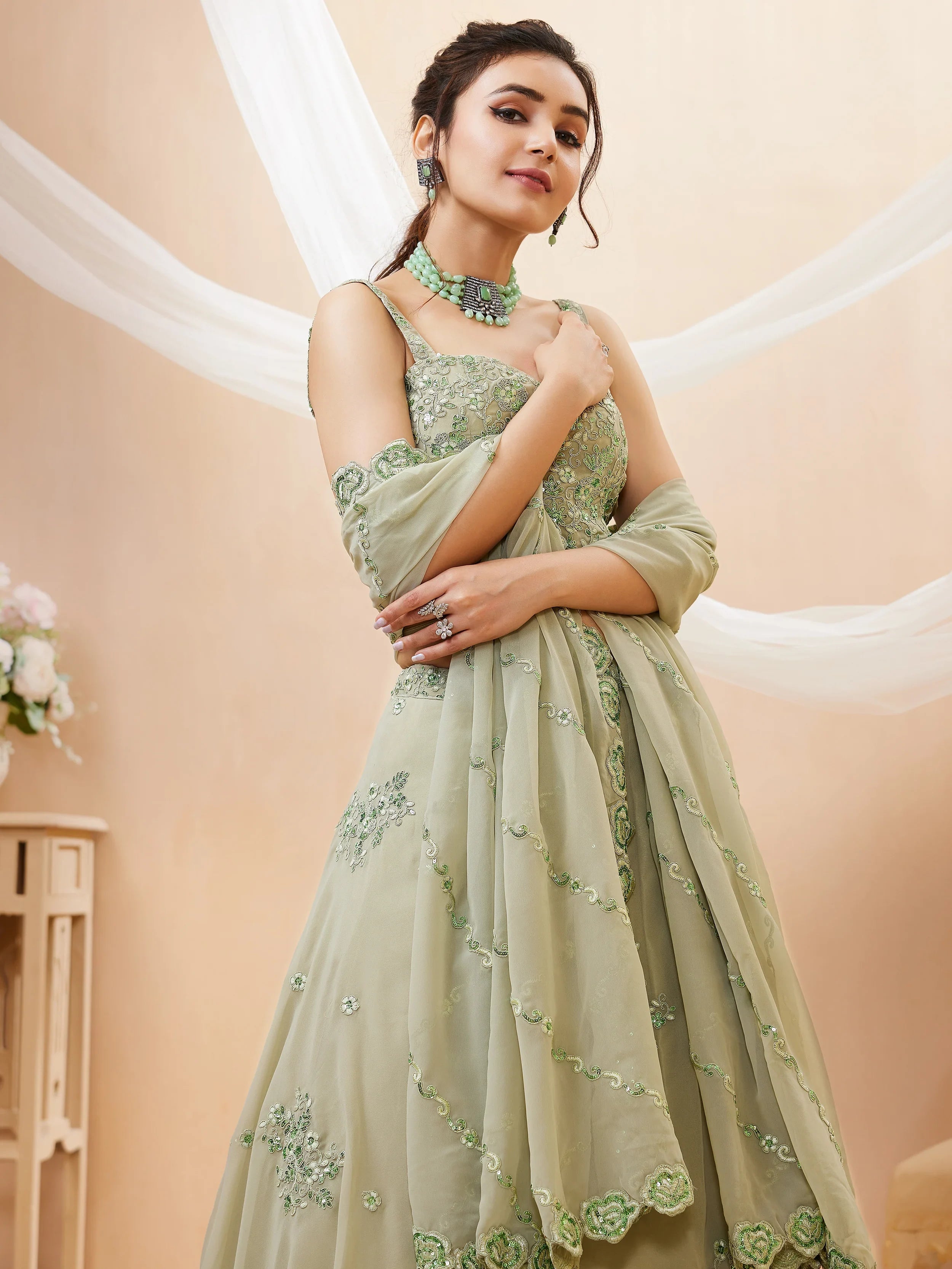 Pretty Pista Green Sequins Georgette Engagement Wear Lehenga Choli