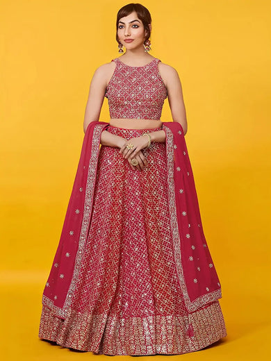 Adorable Red Sequins Georgette Wedding Lehenga Choli With Dupatta