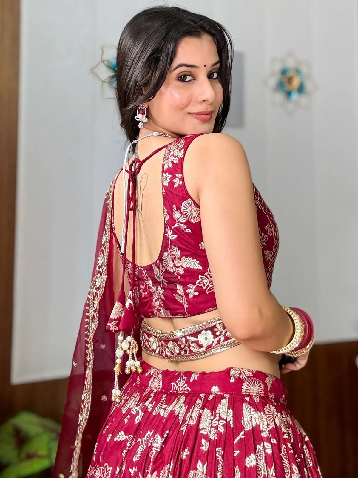 Maroon floral lehenga choli with back tie blouse, perfect for Indian ethnic wear occasions