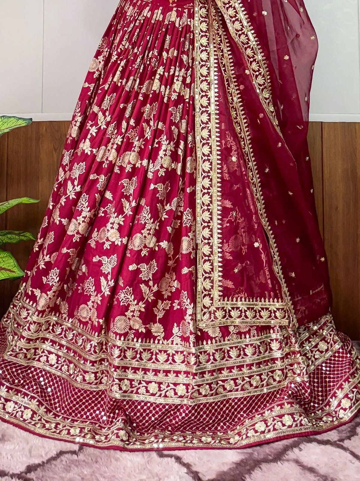 Maroon lehenga choli with gold floral embroidery and sequin border, Indian ethnic wear
