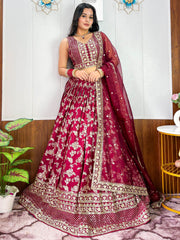 Charming Maroon Zari Weaving Silk Wedding Lehenga Choli With Dupatta