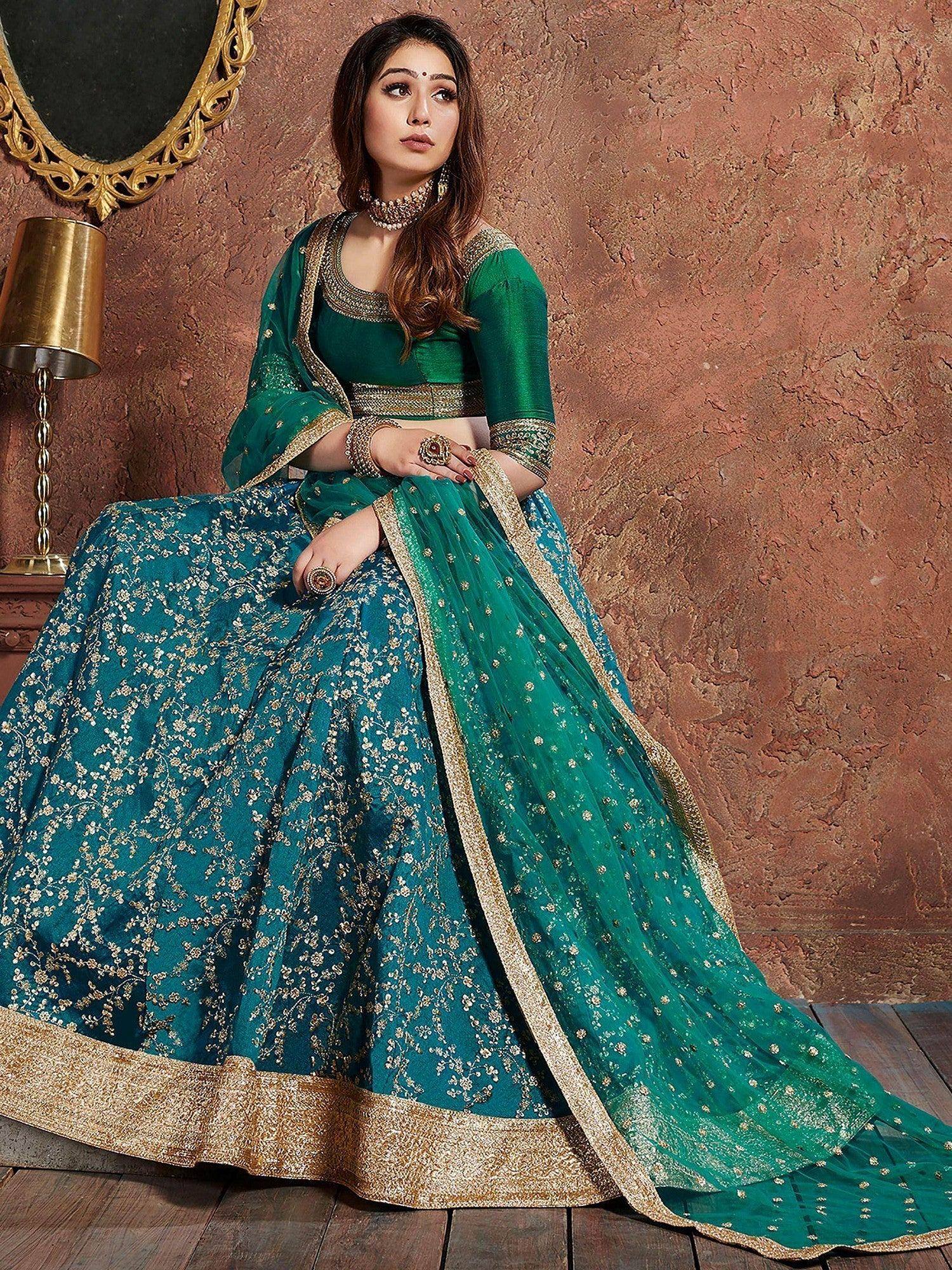 Stunning Green Embroidered Silk Bridesmaid Plus Size Lehenga Choli
