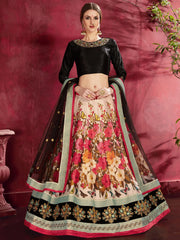 Multi Color Floral Printed Banglory Silk Bridal Lehenga Black Choli And Dupatta