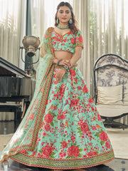 Spectacular Mint Green Floral Printed Art Silk Lehenga Choli