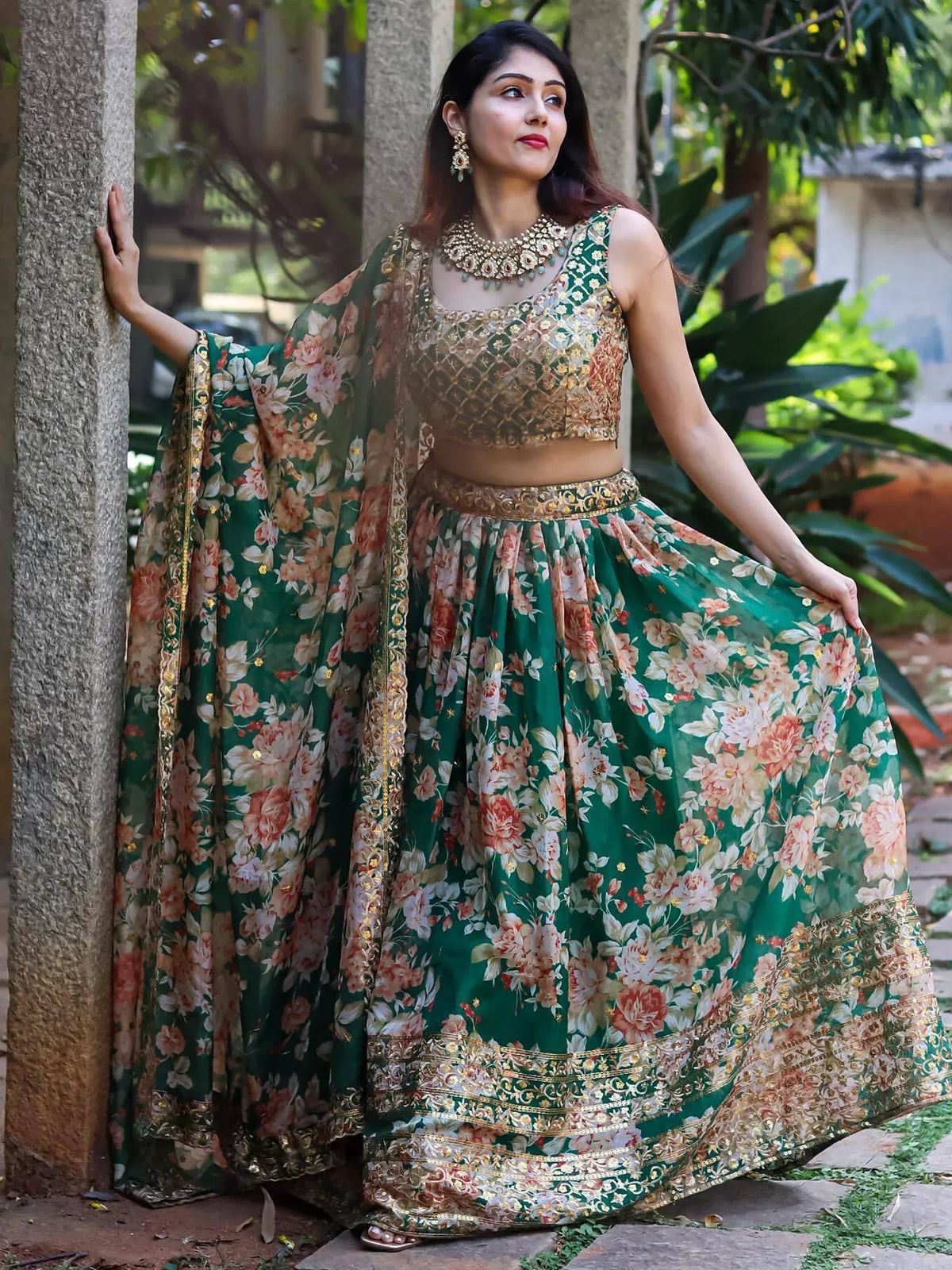 Green floral lehenga choli with gold embroidery, perfect for Indian ethnic wear occasions