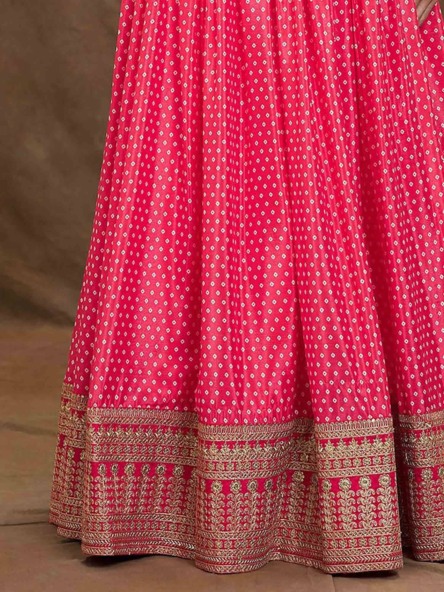 Pink printed lehenga with gold embroidered border, Indian ethnic wear