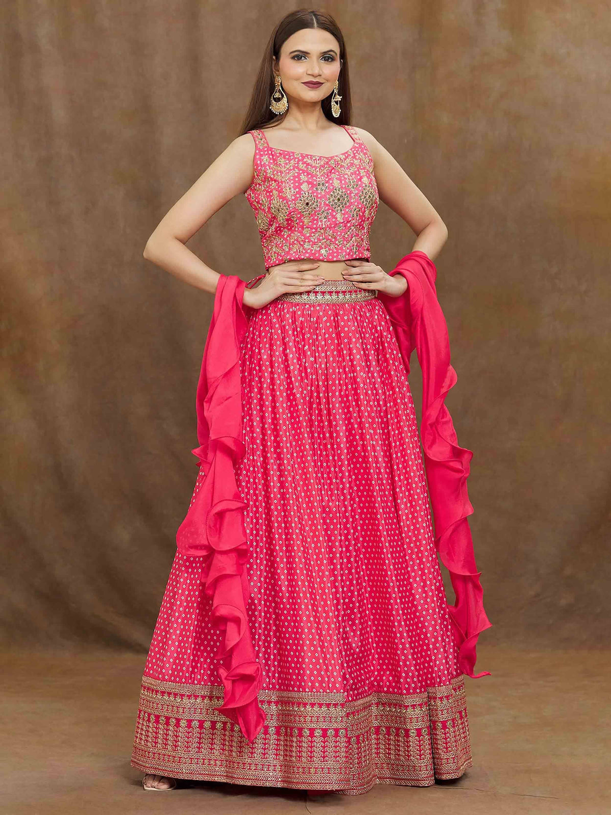 Pink embroidered lehenga choli with ruffled dupatta, perfect for Indian ethnic wear