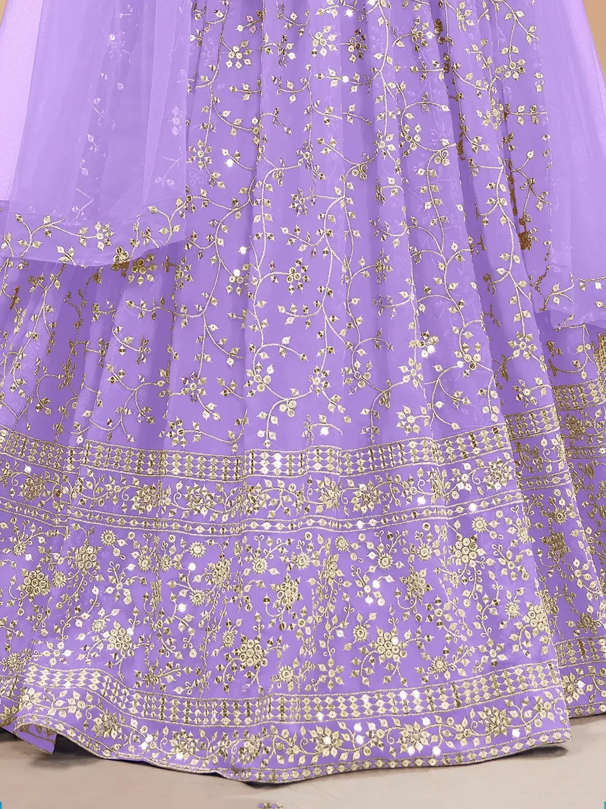 Lavender lehenga with gold floral embroidery and sequin detailing for ethnic wear
