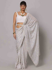 Beautiful White Sequins Georgette Party Wear Saree With Blouse