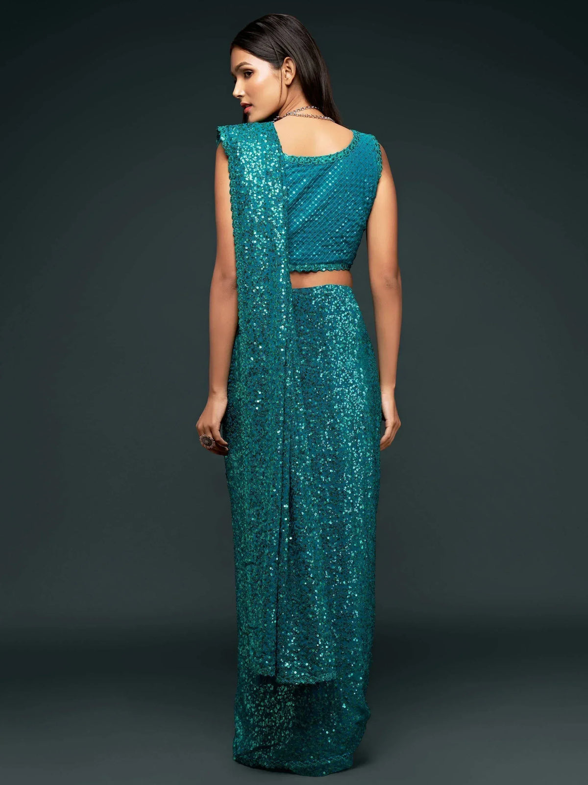Teal sequin saree with backless blouse, Indian ethnic wear for women