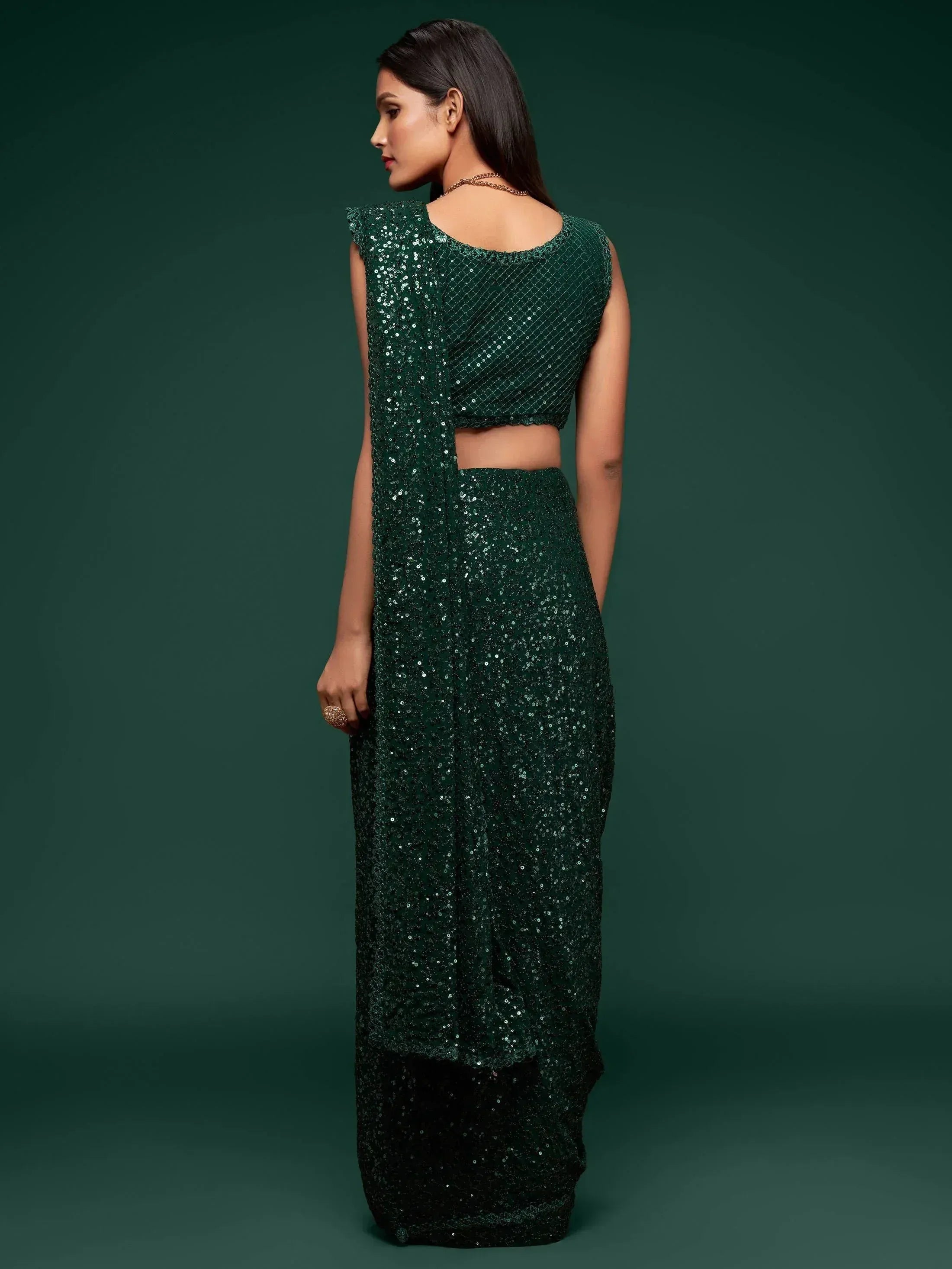 Emerald green sequin saree with backless blouse, Indian ethnic wear for festive occasions