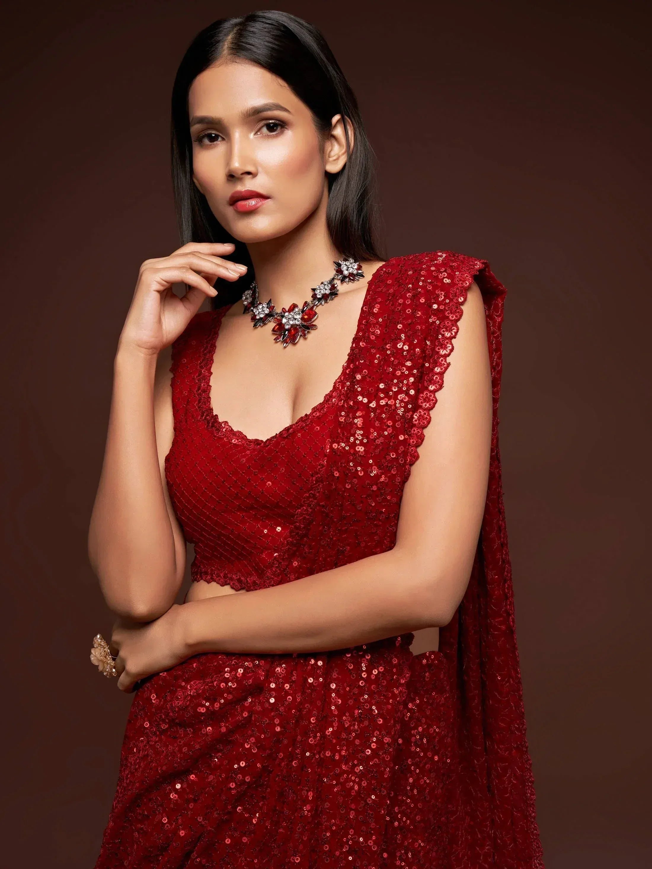 Sabyasachi Red Sequins Party Wear Saree With Blouse