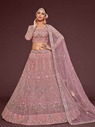 Enchanting Light Pink Embroidered Soft Net Wedding wear Lehenga Choli
