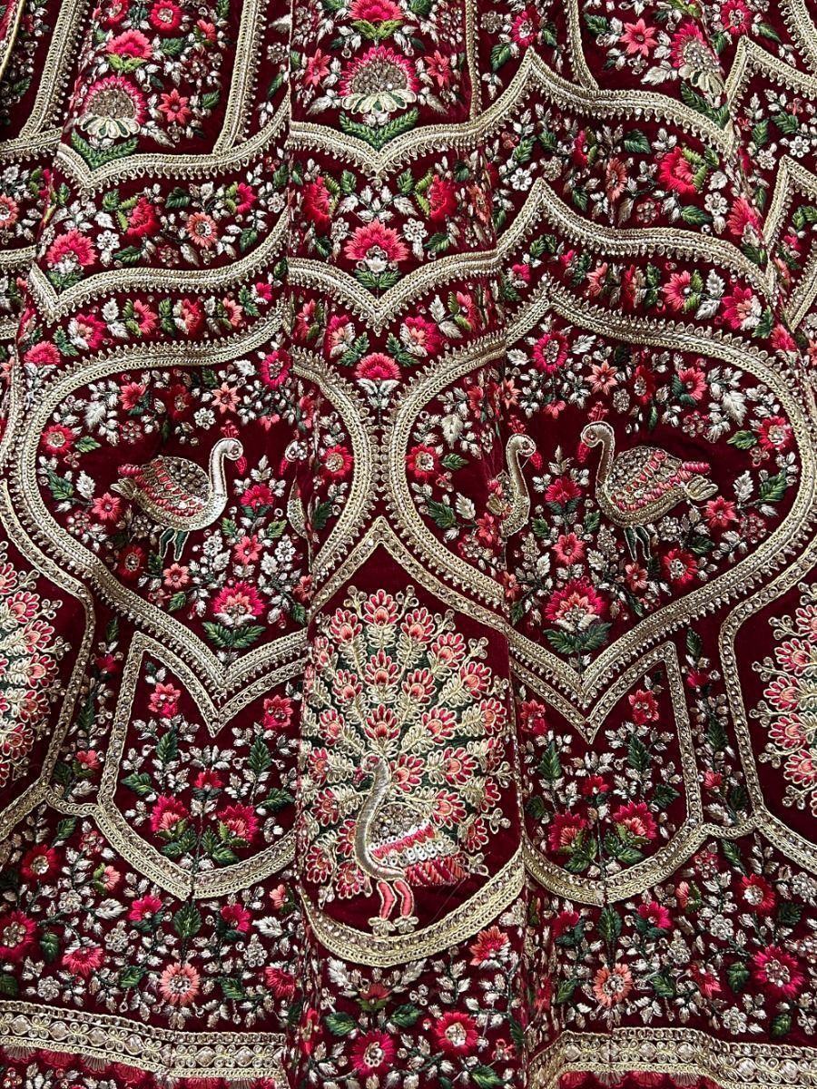 Rich Maroon Thread Work Velvet Bridal Lehenga Choli with Two Dupatta