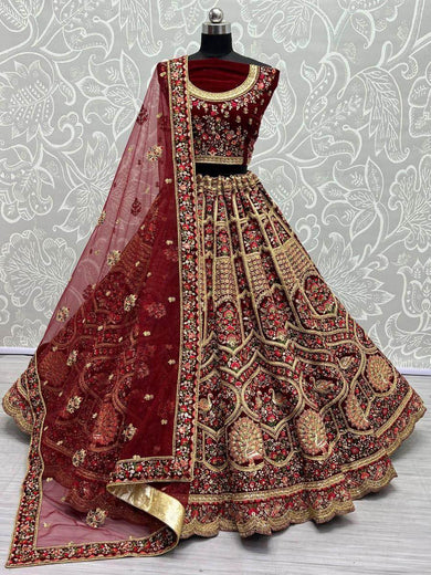Rich Maroon Thread Work Velvet Bridal Lehenga Choli with Two Dupatta