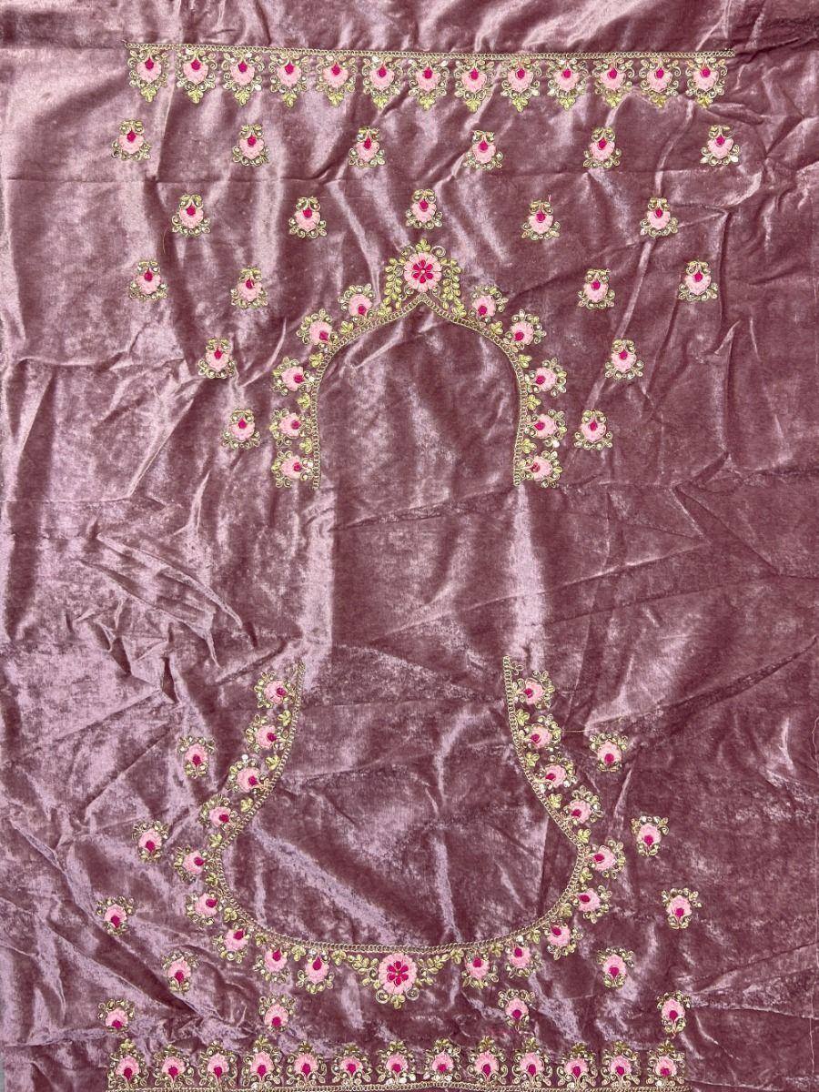 Pink velvet ethnic blouse with floral embroidery and scalloped neckline, perfect for Indian wear