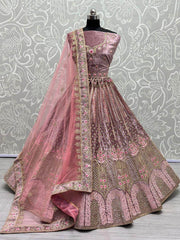 Enchanting Peach Thread Work Velvet Bridal Lehenga Choli